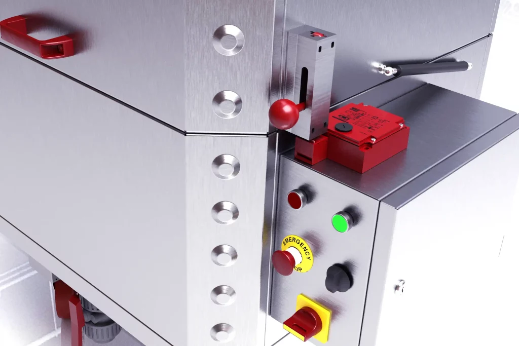 Detalle botonera y sistema de seguridad lavadora rotativa